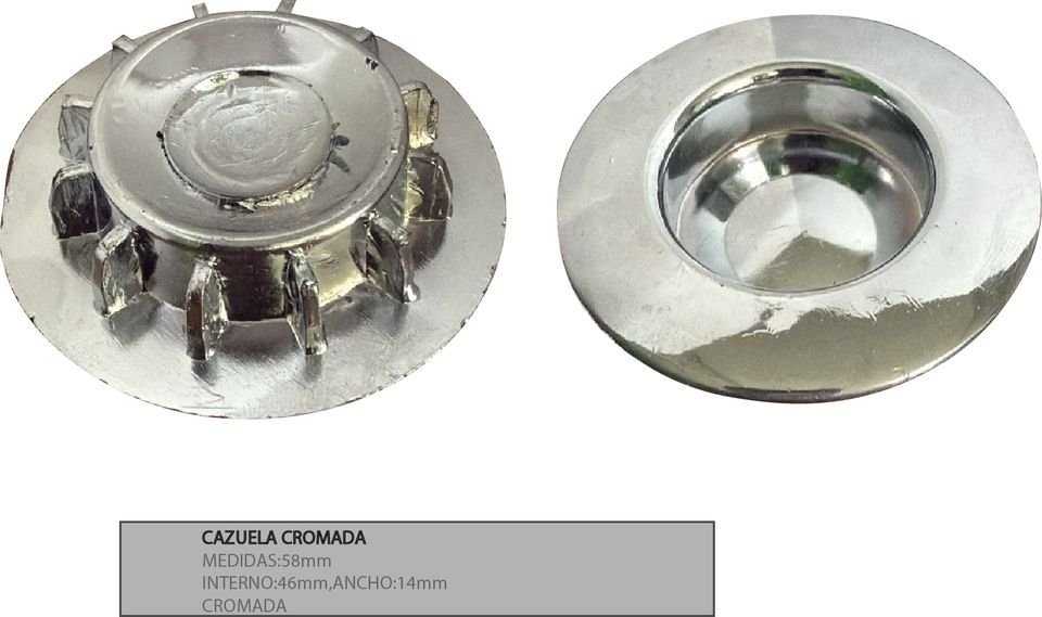 Cazuela cromada de Versastico en Bogotá: diámetro 58 mm, interno 46 mm, ancho 14 mm