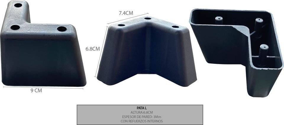 Pata en L negra de Versastico en Bogotá: altura 6,8 cm, lados 9 cm × 7,4 cm, espesor de pared 3 mm, interior Con refuerzos